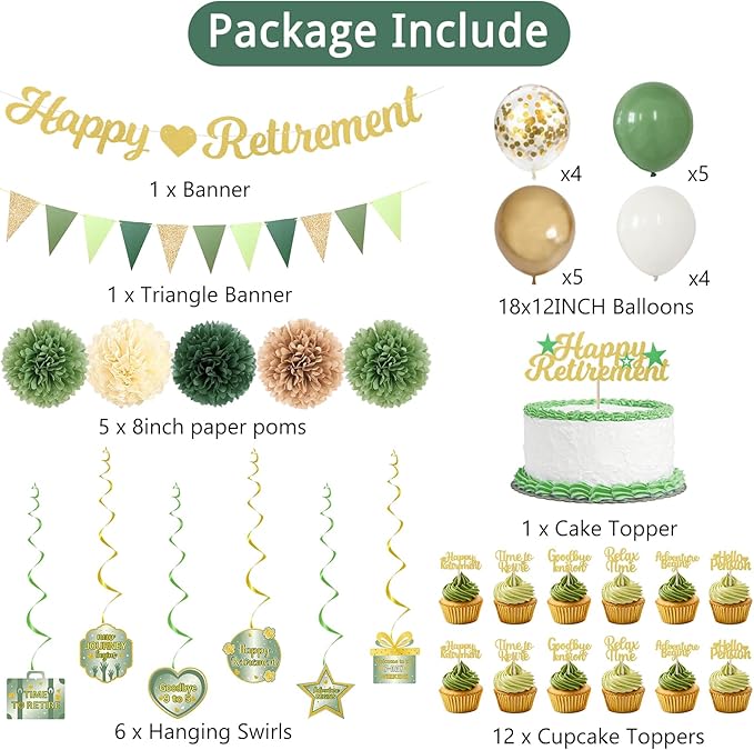Retirement Party Decorations Women Men Green Happy Retirement Banner
