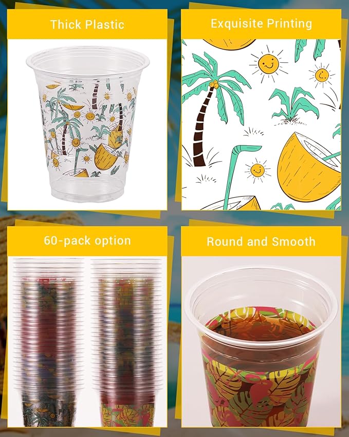 60 Pack Hawaiian Party Luau Tiki Cups 12 oz Disposable Plastic Cups