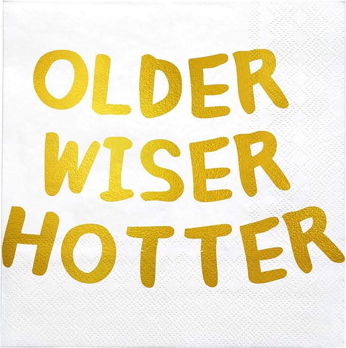 LeZakaa 25Pcs Birthday Paper Napkin, 3-Ply Gold Foil "Older Wiser