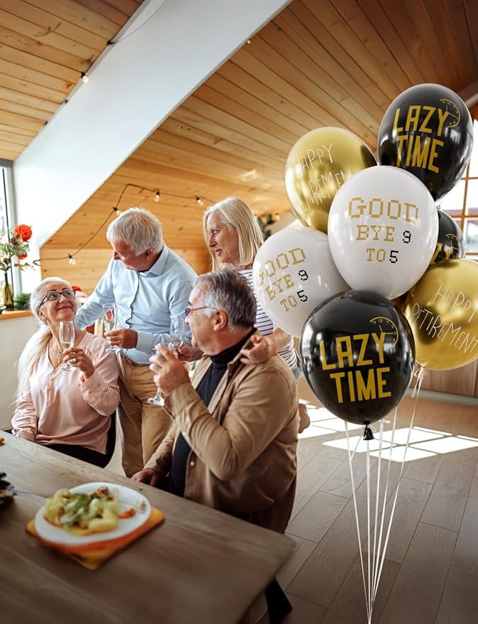 Retirement Balloons - 12 Inch Black Gold and White Balloons Funny