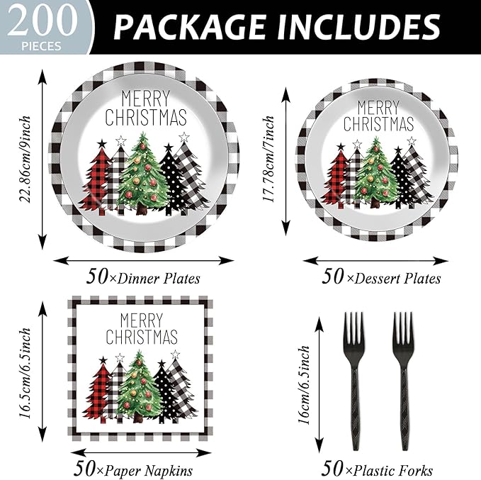 200Pcs Buffalo Plaid Christmas Tree Party Plates Napkins Christmas