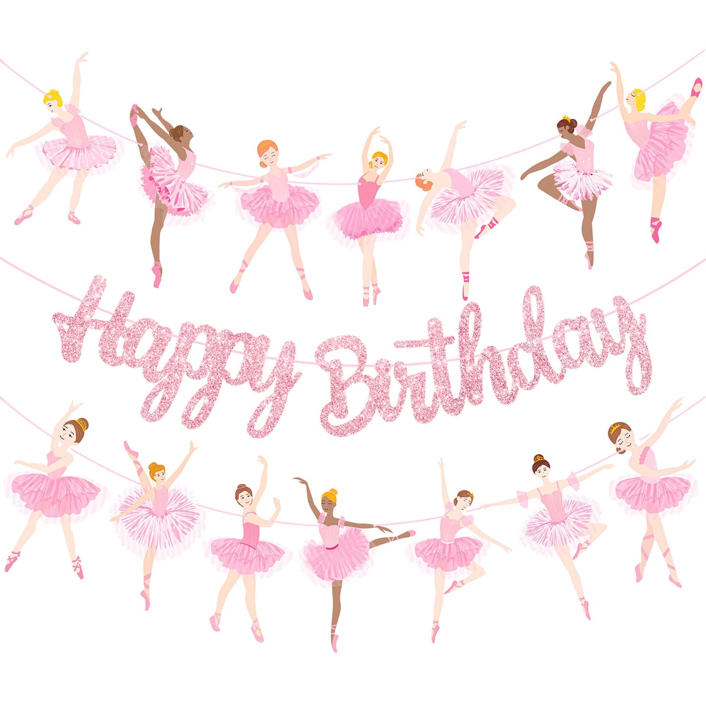3Pcs Ballet Girls Happy Birthday Banners Glitter Pink Ballerina