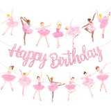 3Pcs Ballet Girls Happy Birthday Banners Glitter Pink Ballerina