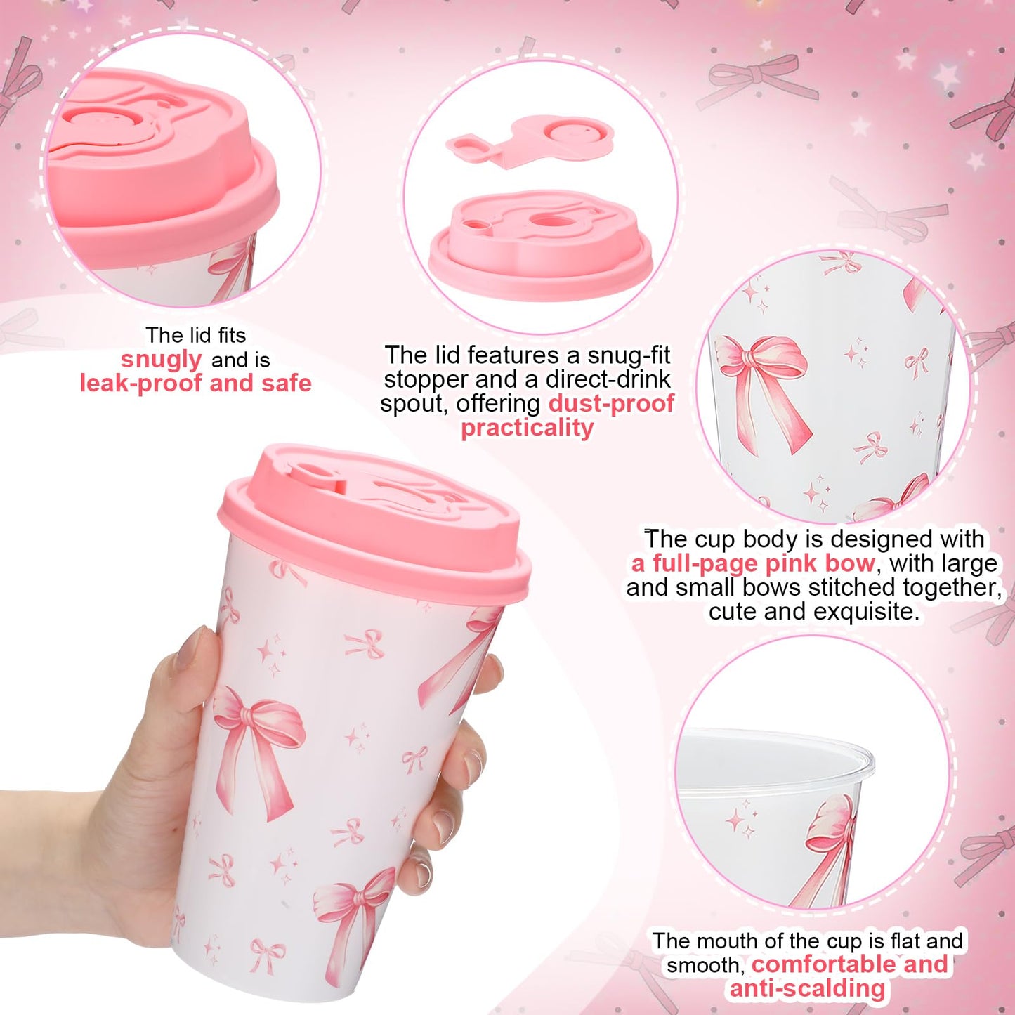 Yungyan 16 Sets Pink Bow Party Favors Goodie Cups with Lids and Straws