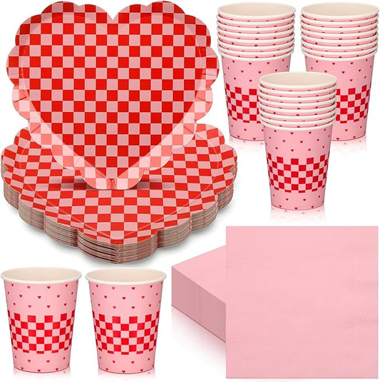96 Pcs Valentine's Day Party Supplies Set for 24 Guests Red Checked