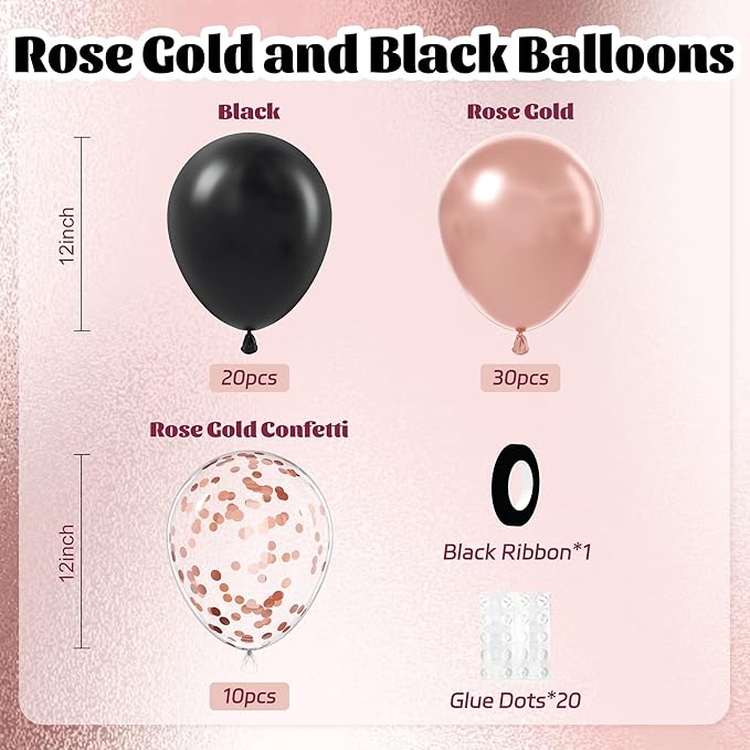 60pcs Rose Gold and Black Balloons 12inch with Rose Gold Confetti
