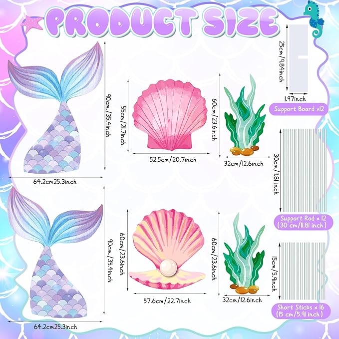 6 Pcs Under The Sea Party Decorations Set Large Mermaid Tail Seaweed