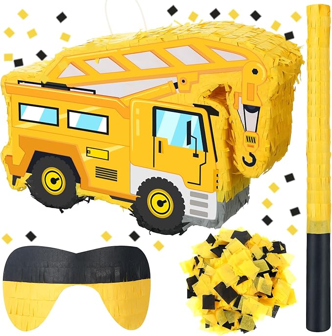 Construction Truck Piñata with Blindfold Bat and Confetti