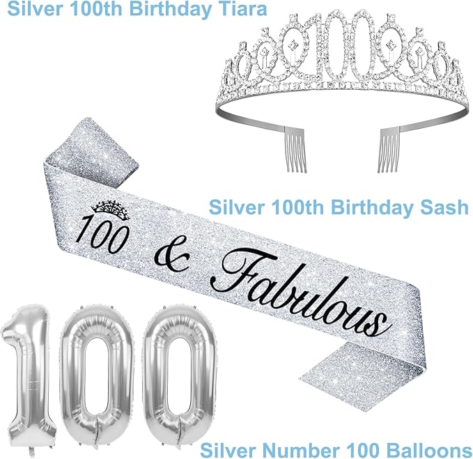 100th Birthday Decorations for Women Silver with 100th Birthday Sash