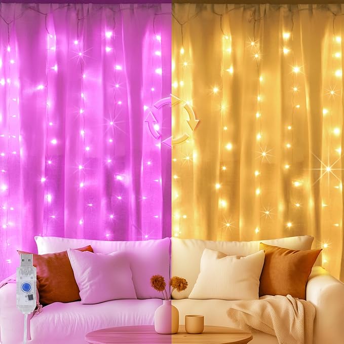 Color Changing Curtain Lights, Pink Room Decor 8 Modes LED String