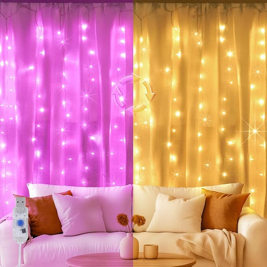 Color Changing Curtain Lights, Pink Room Decor 8 Modes LED String