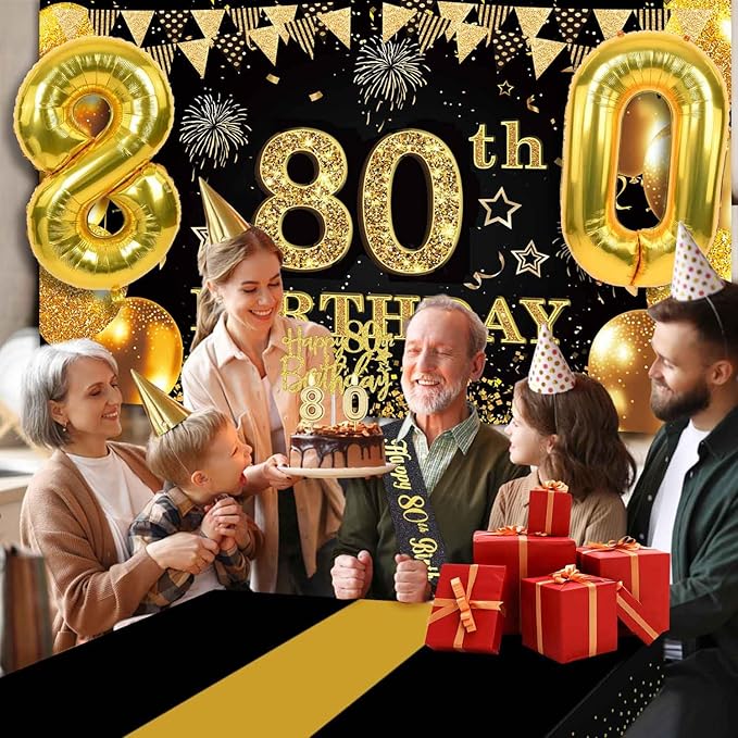 80th Birthday Decorations Men Women with 80th Birthday Banner Black