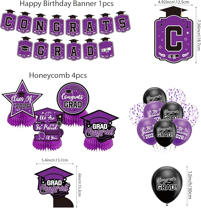 Graduation Decorations 2026 Purple Set, Congrats Grad Decor Set with