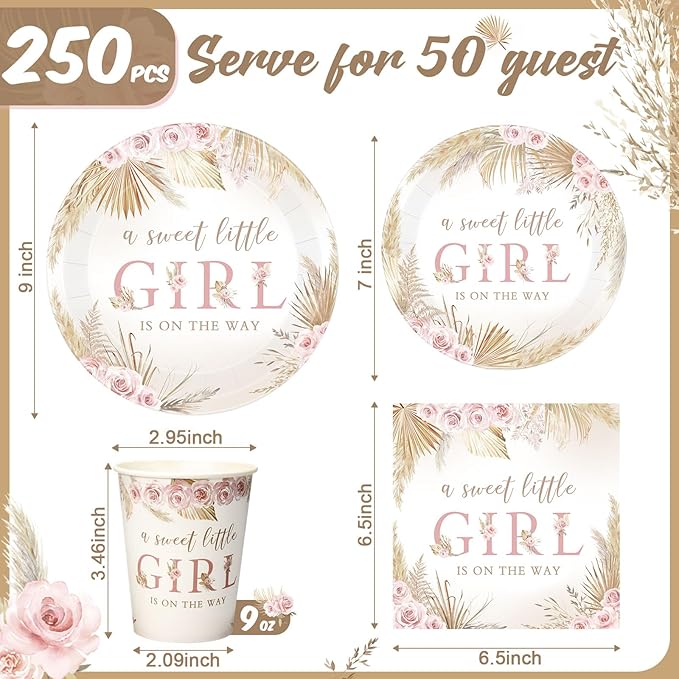 250 Pcs Boho Baby Shower Decorations for Girls Pink Floral Baby