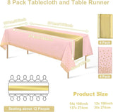 8Pack Disposable Plastic Tablecloths and Satin Table Runner Set Pink