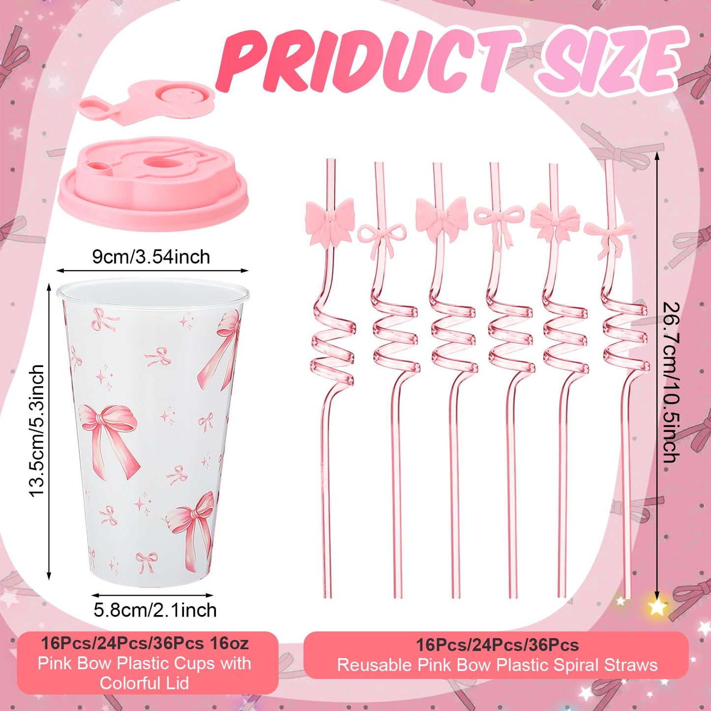 Yungyan 16 Sets Pink Bow Party Favors Goodie Cups with Lids and Straws