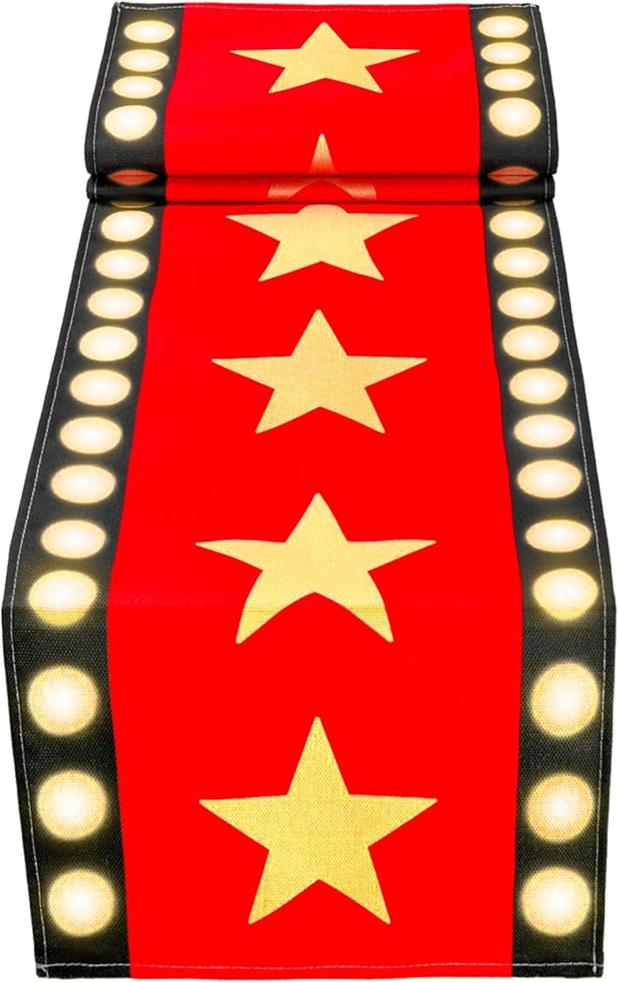 13 x 72 Inch Movie Night Table Runner with Gold Star Design Red