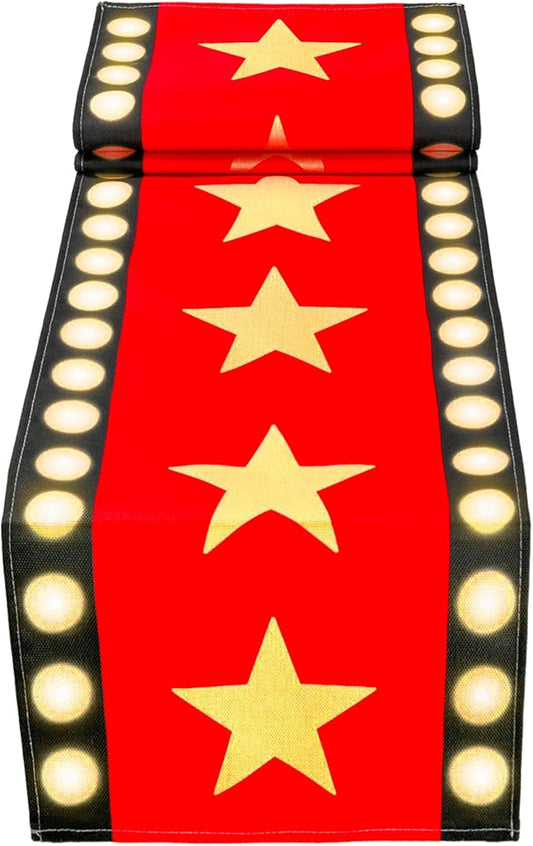 13 x 72 Inch Movie Night Table Runner with Gold Star Design Red