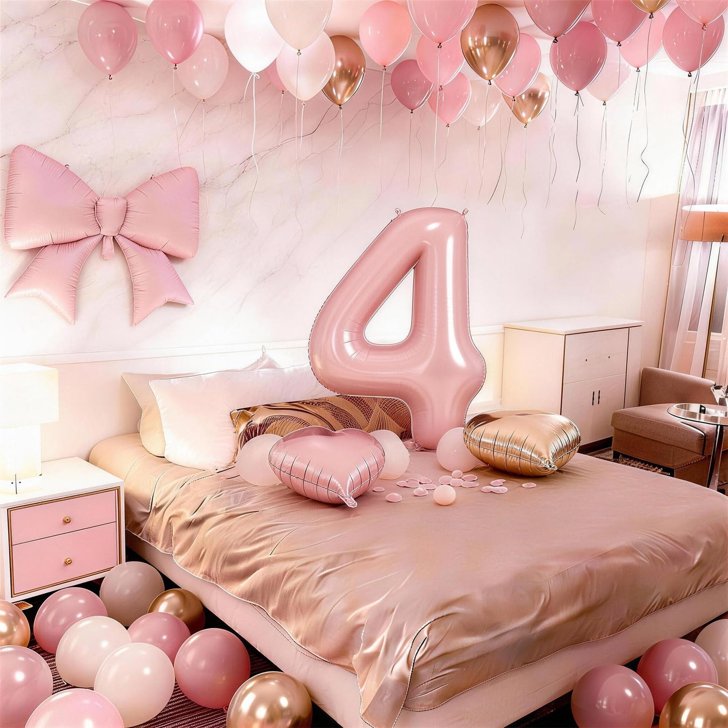 Pink 4 Balloon Number 40 Inch, Dusty Blush Pink Gold Sand White Latex