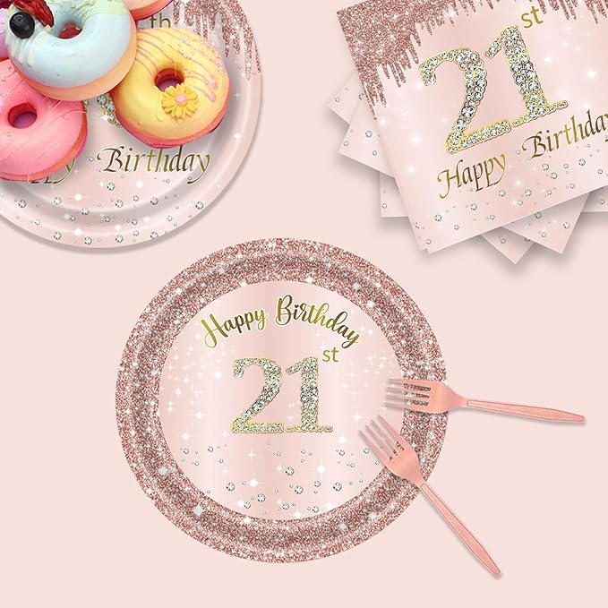 24 Sets 21st Rose Gold Birthday Party Decrations for Women 21