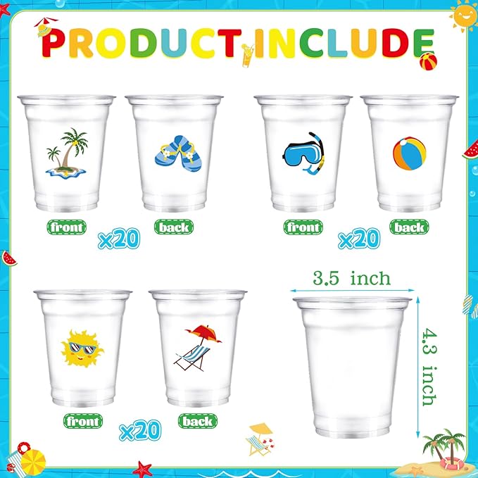 60 Pcs Pool Party Cups 10 oz Clear Disposable Summer Beach Cups