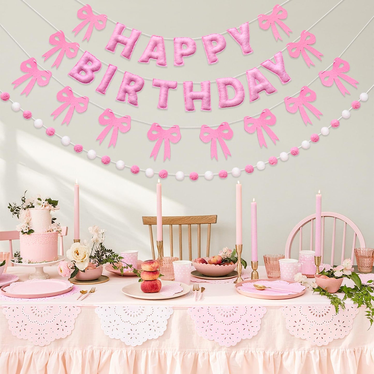 Pre-Strung Pink Bow Birthday Decorations, Reusable Coquette Party