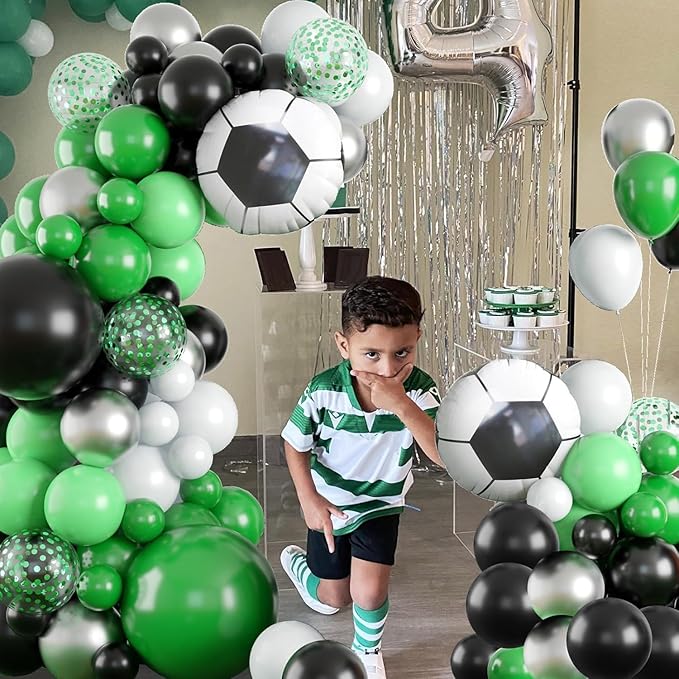 Soccer Party Balloon Garland Arch Kit Green Black White Metallic