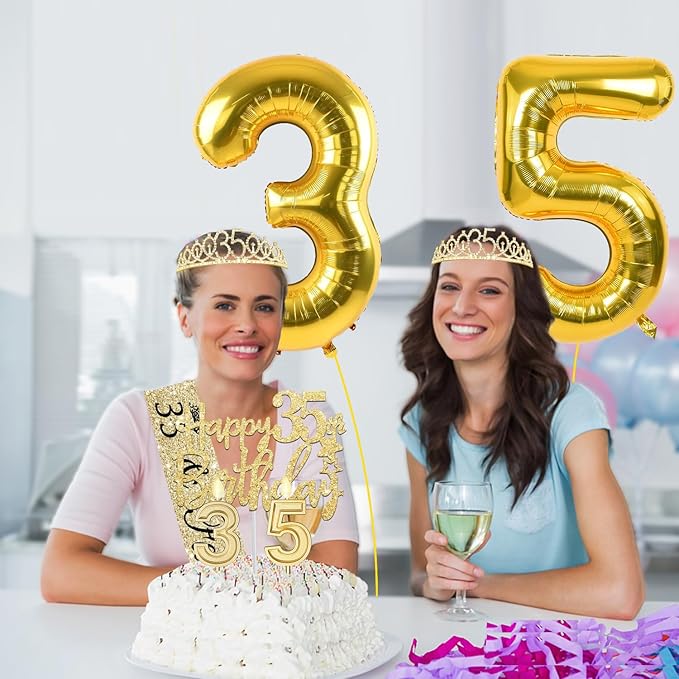 35th Birthday Decorations for Women Gold with 35th Birthday Sash and