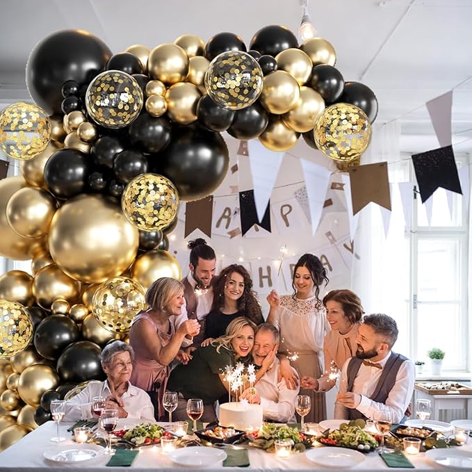 155Pcs Black and Gold Balloon Garland Arch Kit with Gold Confetti