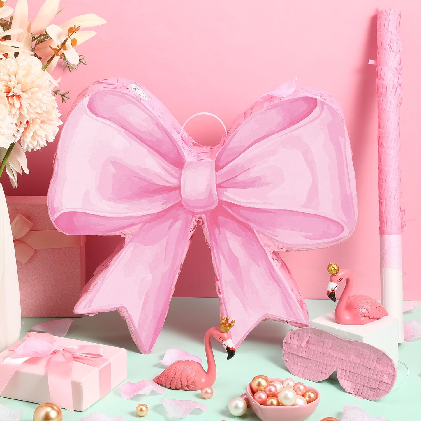 Threan Bow Piñata Bow Party Piñata with Bat Stick Blindfold Mask Pink