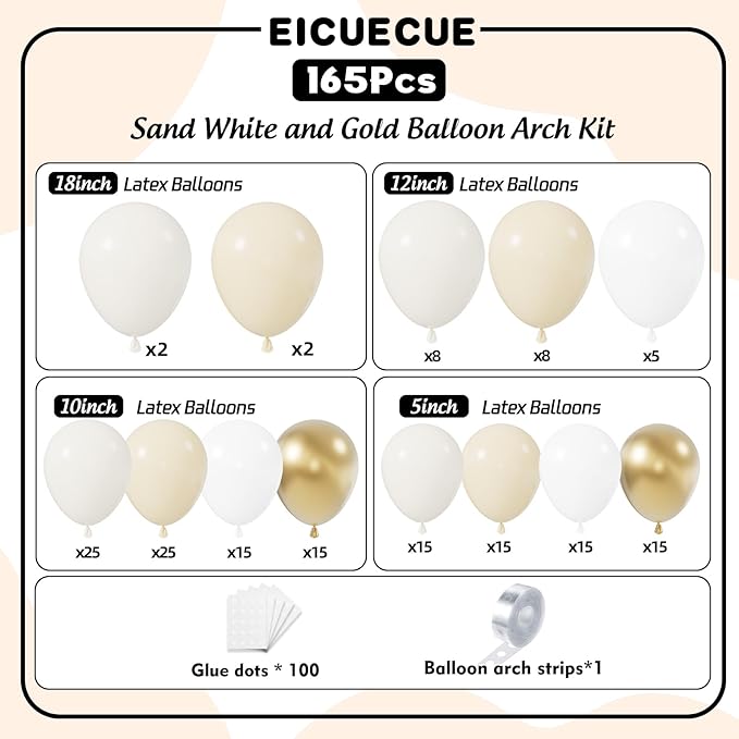 Sand White Gold Balloon Arch Kit - 165Pcs Different Size Beige Nude