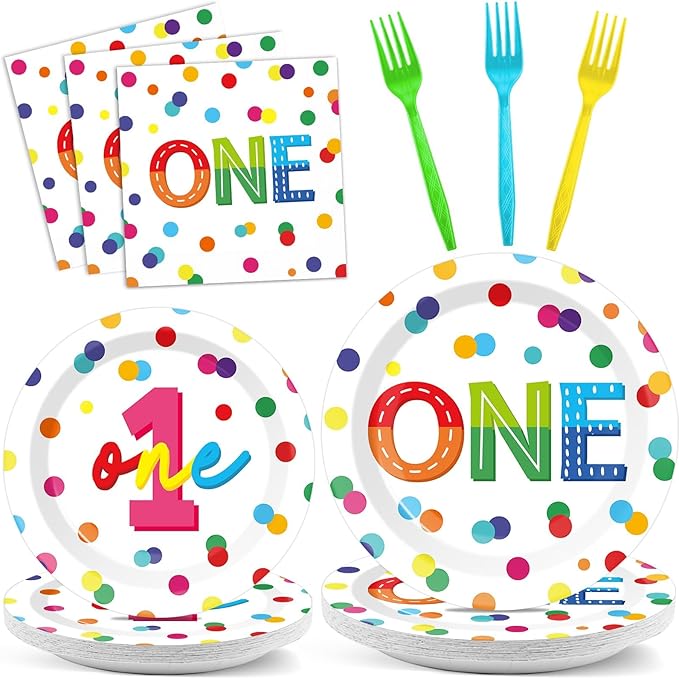 96pcs Rainbow 1st Birthday Plates and Napkins Confetti Happy