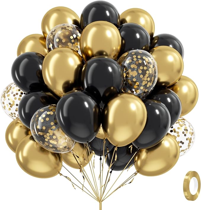 Black and Gold Balloons, 60pcs 12inch Black Metallic Gold Confetti