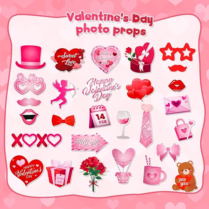 Happy Valentine's Day Photo Booth Props with Photo Frame Red and