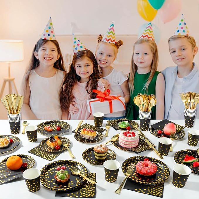 175 PCS Black and Gold Party Supplies,Gold Dot on Black Paper Plates