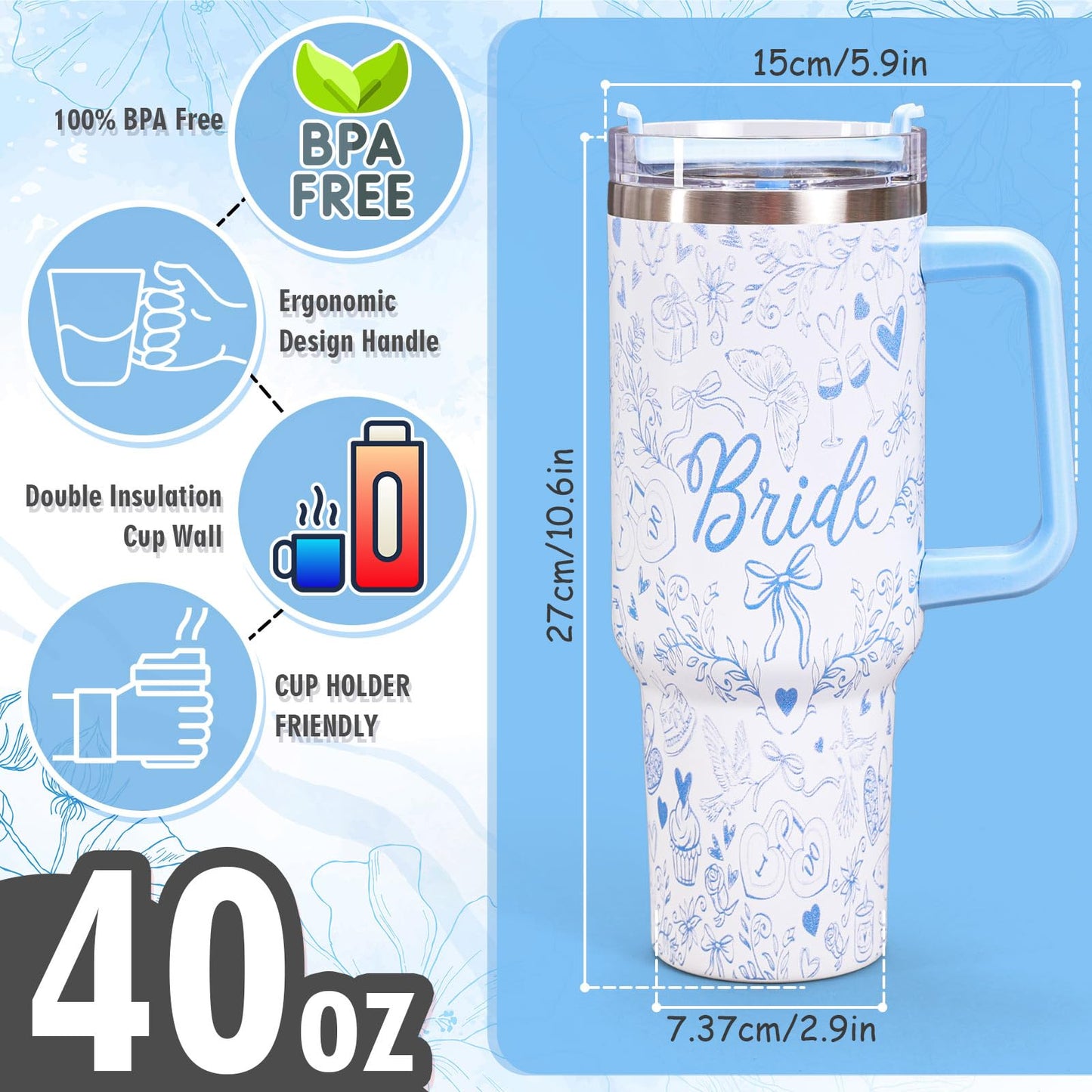 Whaline 40oz Bride Tumbler with Handle Straw and Lid Blue Bow Floral