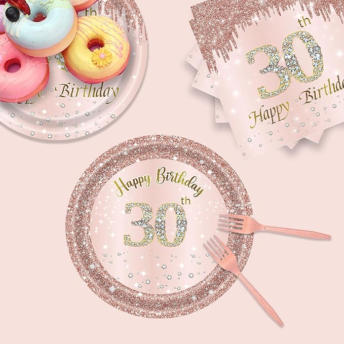 24 Sets 30th Rose Gold Birthday Party Decrations for Women 30