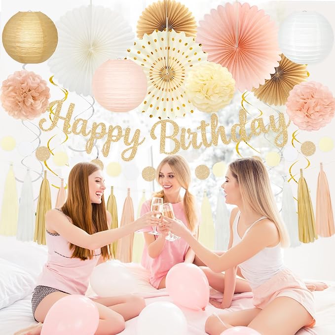 Happy Birthday Decorations for Women Girls - Gold Boho Birthday