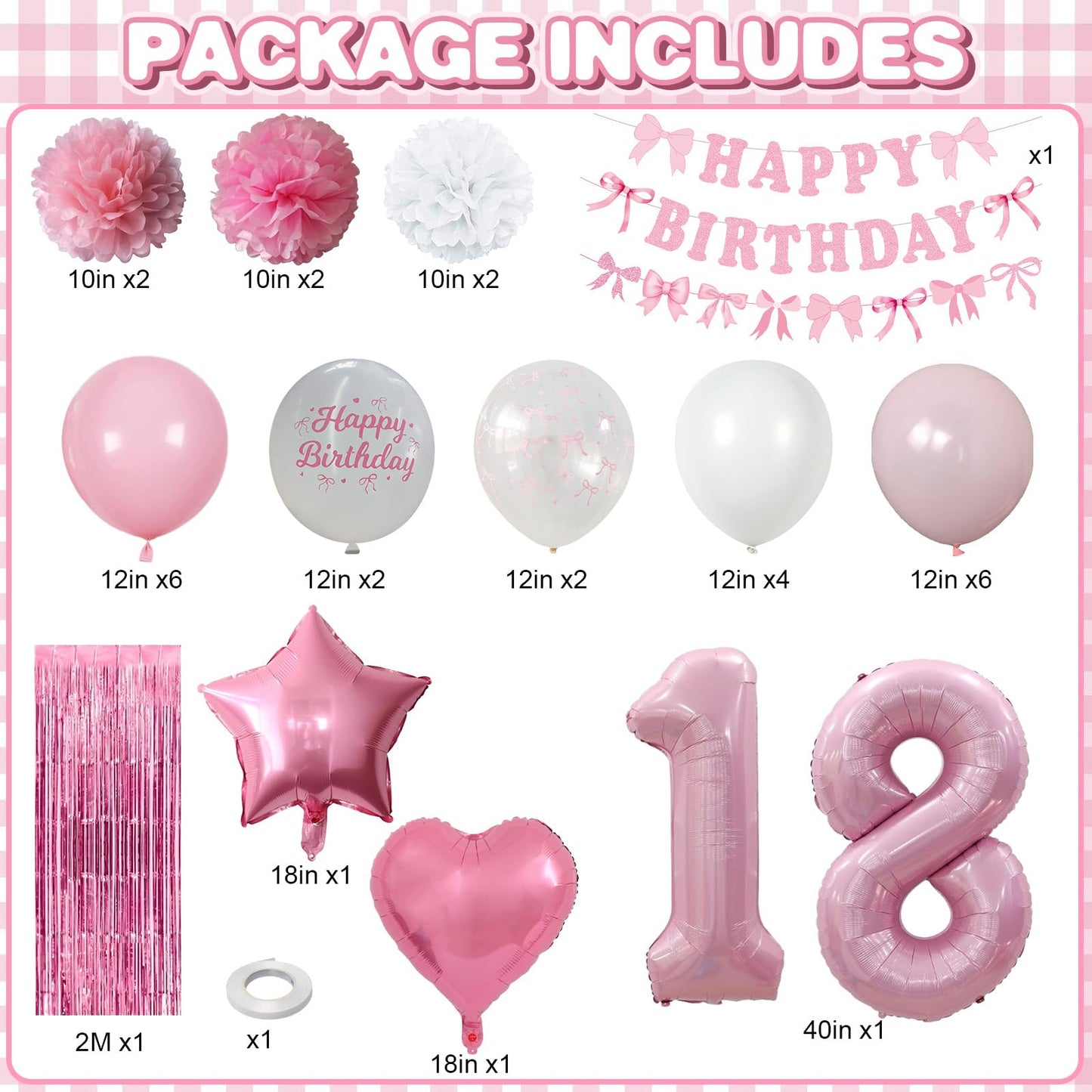 18th Birthday Decorations for Girls Pink Number 18 Balloon Bow