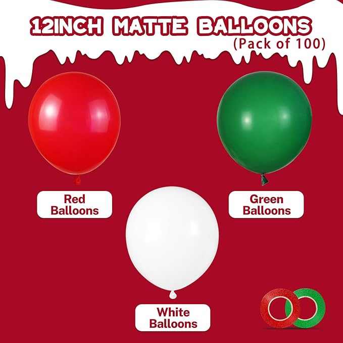 100 Pcs Christmas Red Green Balloons 12 Inch Red Green and White