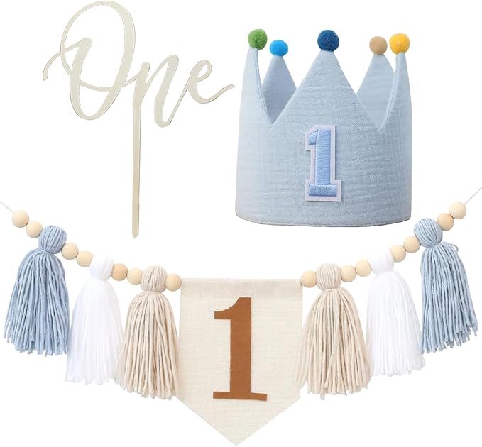 Baby First Birthday Party Decorations Blue High Chair Banner Crown