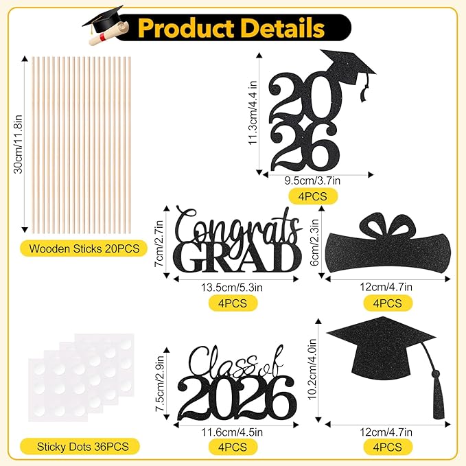 Graduation Decorations 2026, 20 PCS Sparkling Black Double-Sided