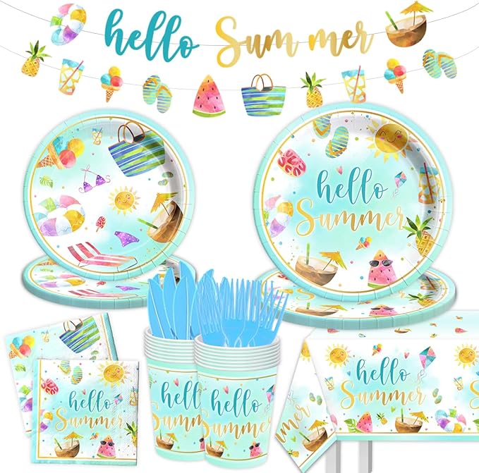 Hello Summer Party Decorations 143Pcs Beach Pool Party Paper Plates