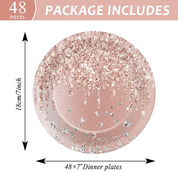 48 PCS Rose Gold Birthday Plates Pink Rose Gold Paper Dinner Dessert