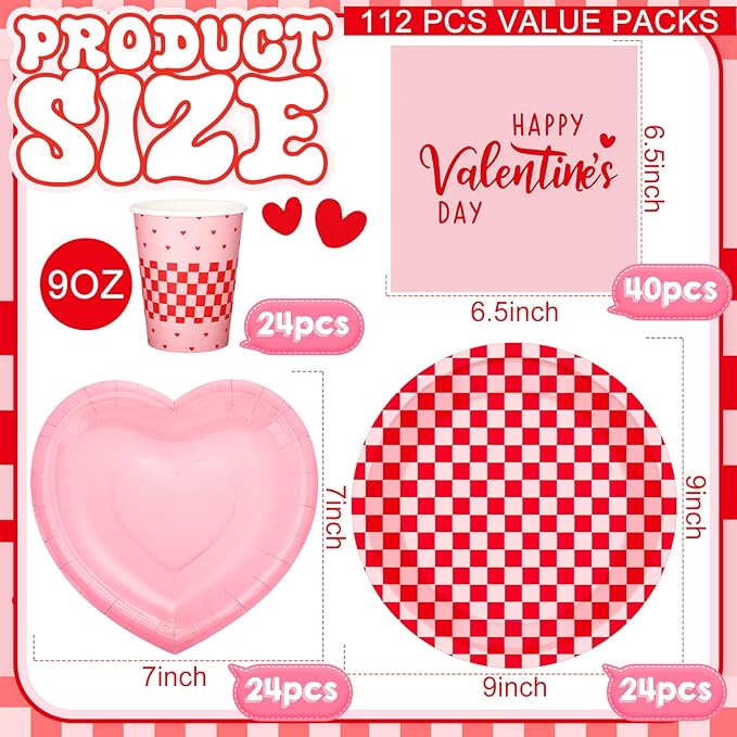 112 Pcs Valentine's Day Party Supplies Set for 24 Guests Paper