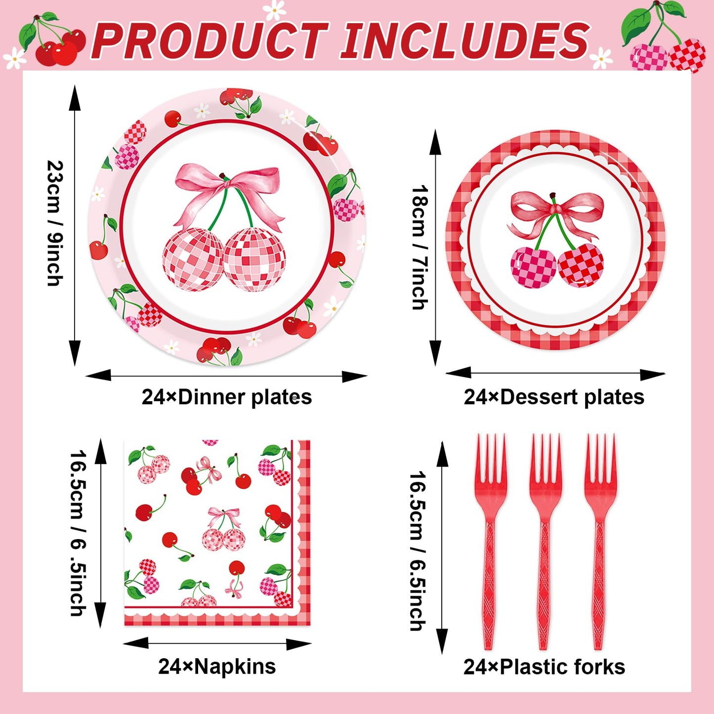 96Pcs Cherries Theme Plates and Napkins Pink Bow Cherry Birthday Party