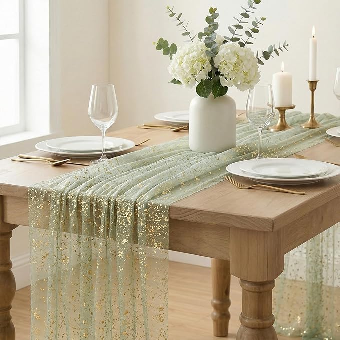 Artoid Mode Sage Green Gold Gauze Table Runner 59x120 Inch 10FT,