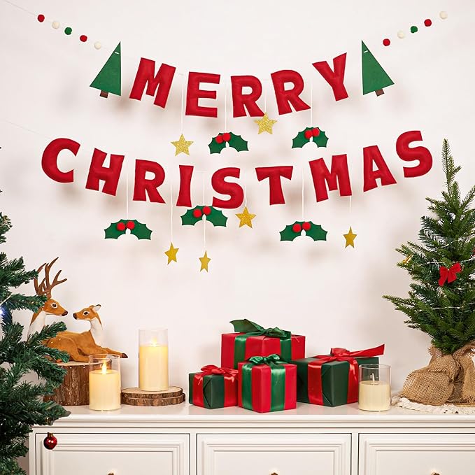Merry Christmas Banner with Red Berries And Leaves Christmas Banner