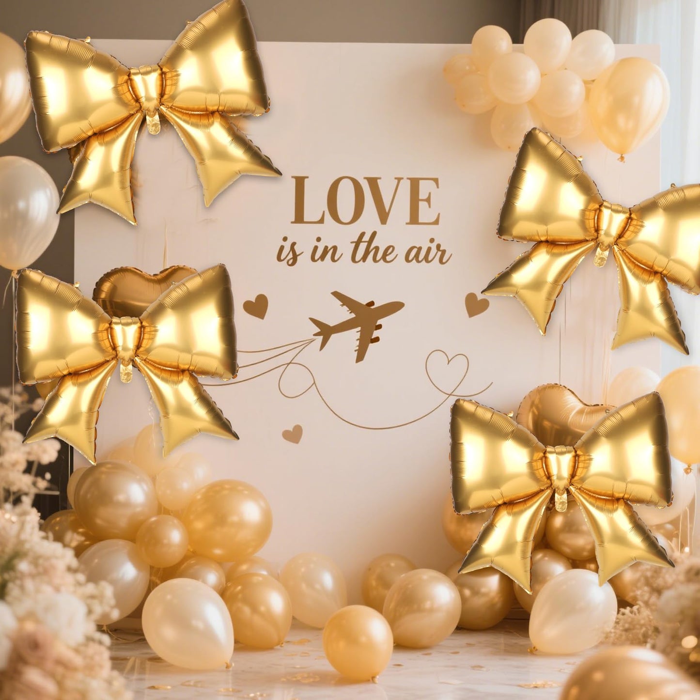 4Pcs Giant Bow Balloons, 97.5cm/38in Big Elegant Coquette Theme Gold