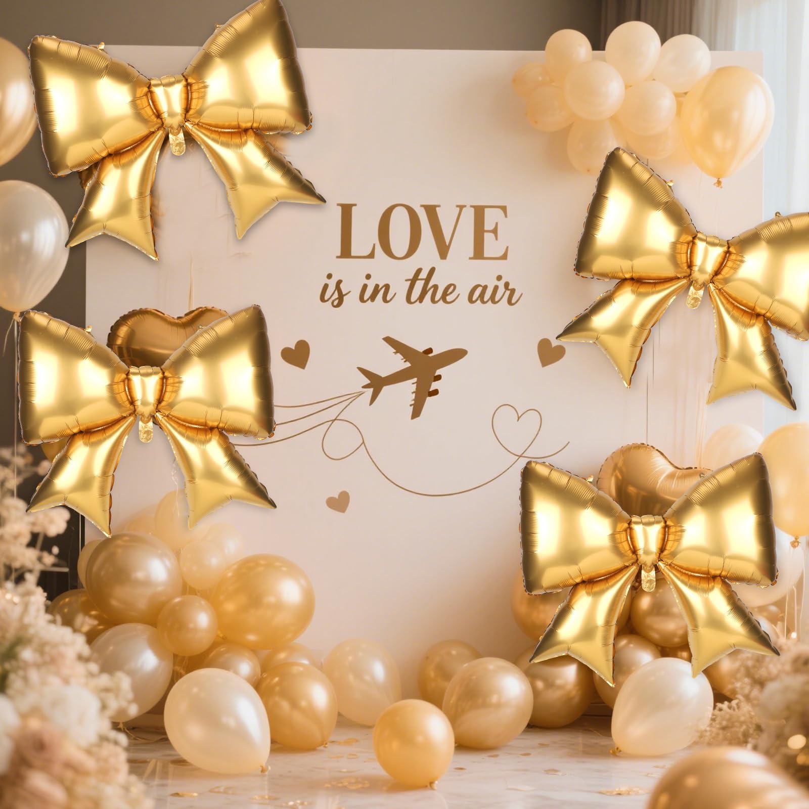 4Pcs Giant Bow Balloons, 97.5cm/38in Big Elegant Coquette Theme Gold